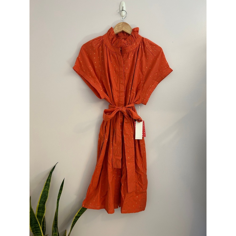 Never A Wallflower Orange Ruffle Collar Belted Shirt Dress L NWT